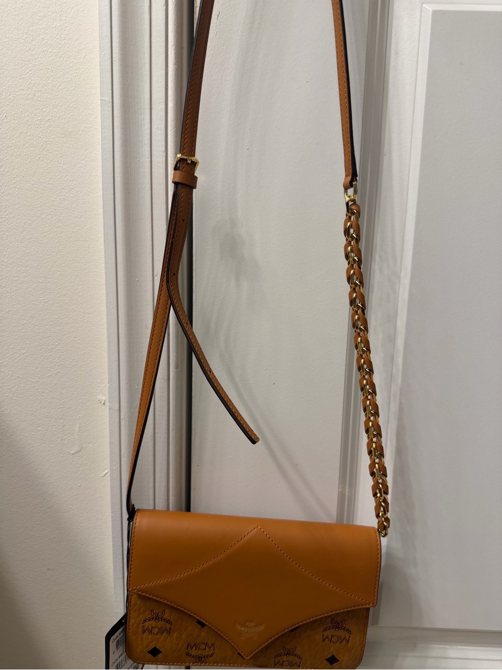 MCM Tan Visetos Crossbody Bag with Gold Chain Strap - Picture 11 of 12